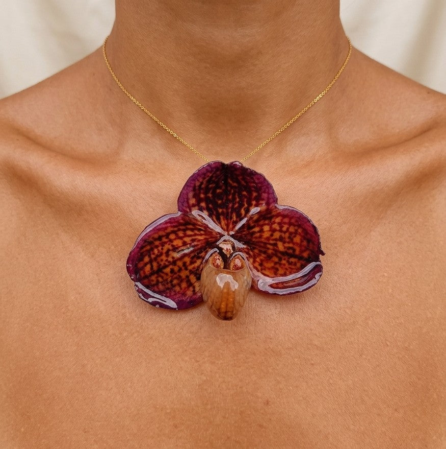 collana orchidea paphiopedilum viola in resina rara