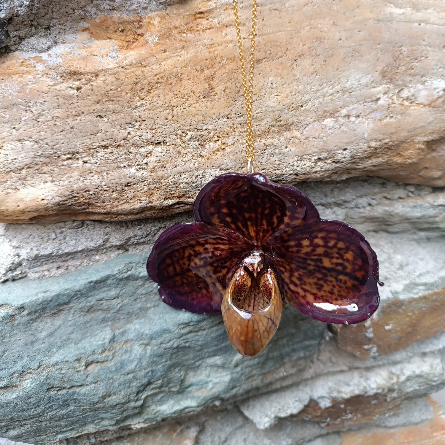 collana orchidea paphiopedilum viola in resina rara