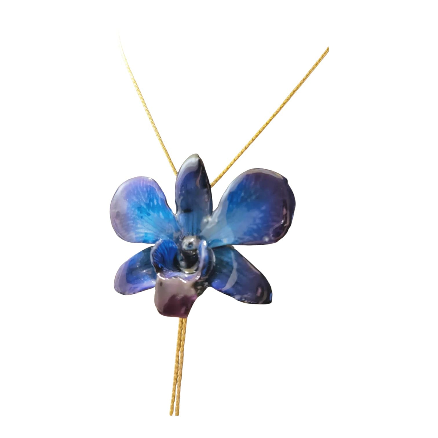Collana con orchidea Phalenopsis Dark/Blue in resina con saliscendi oro galvanico su bronzo