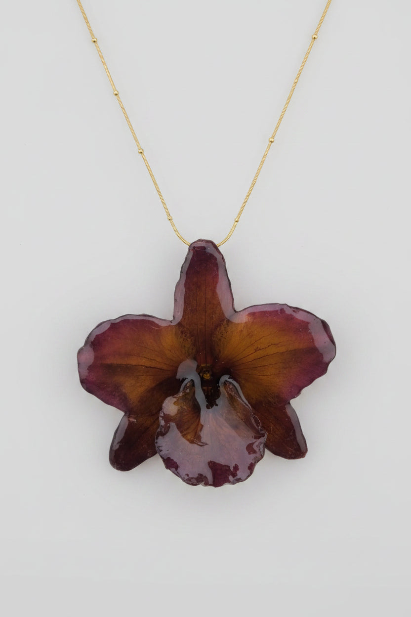 collana orchidea naturale resina catenina acciaio dorato regolabile elegante fatta a mano