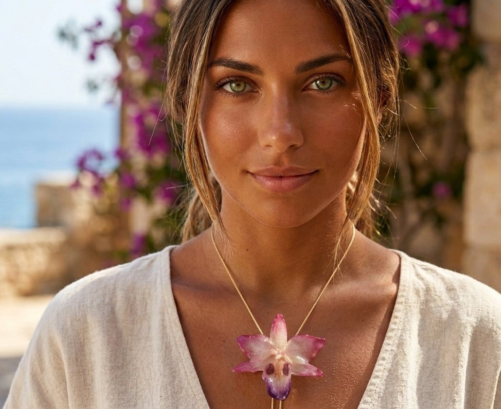 collana orchidea resina rosa viola panna regolabile elegante