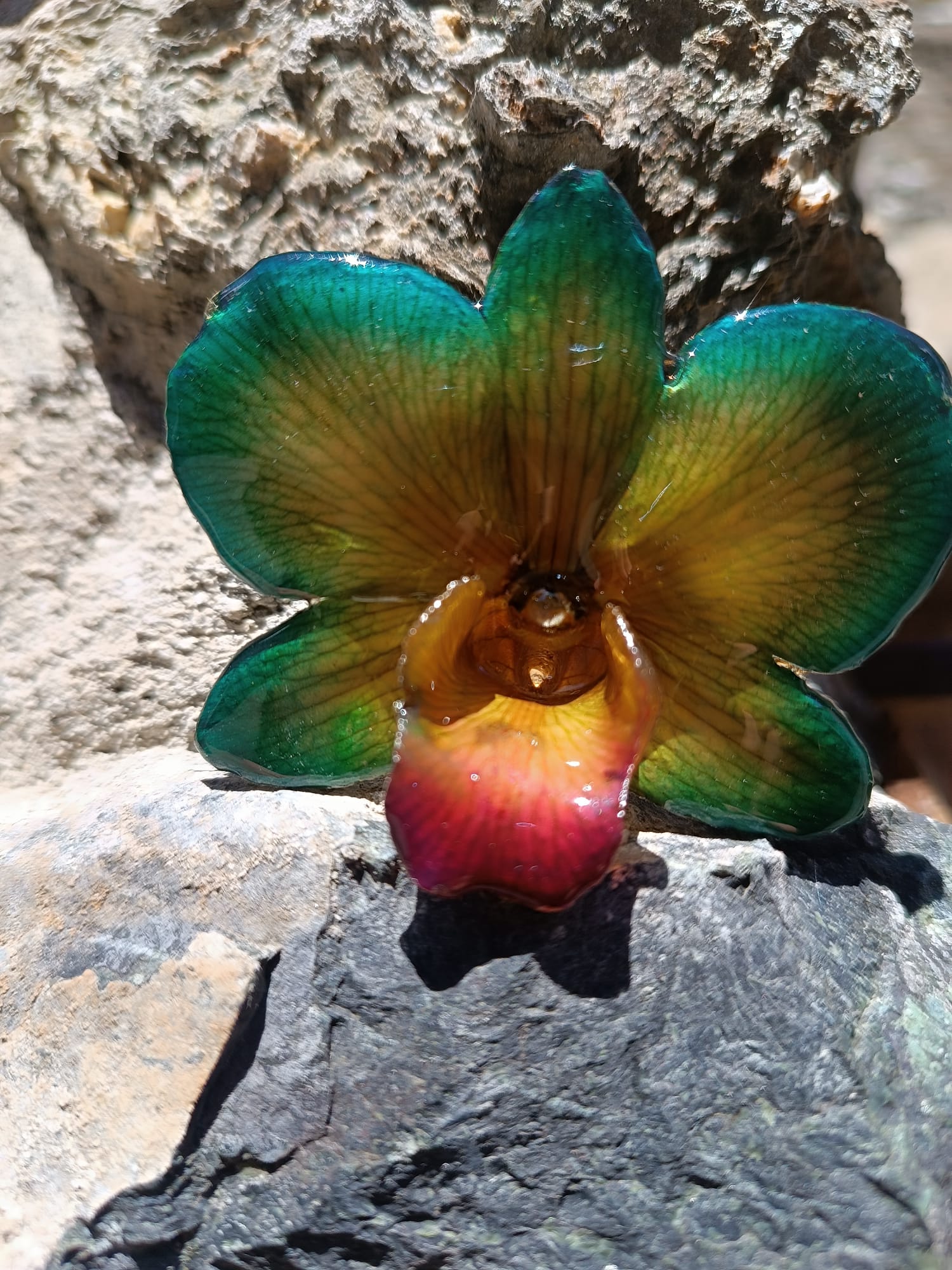 collana orchidea naturale resina spilla gioiello 2 in 1 elegante cangiante artigianale