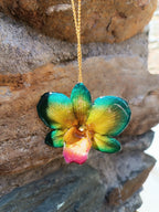 collana orchidea naturale resina spilla gioiello 2 in 1 elegante cangiante artigianale