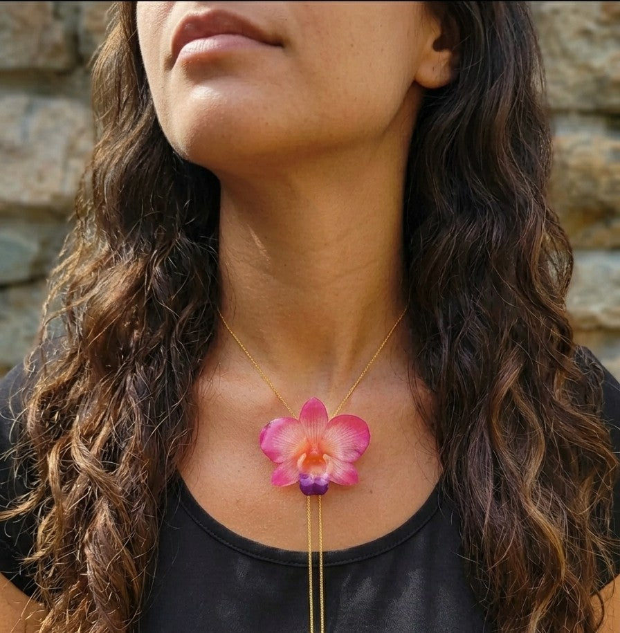 collana orchidea rosa naturale resina saliscendi oro galvanico regolabile anallergica elegante