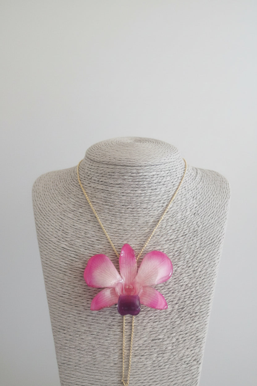 collana orchidea rosa naturale resina saliscendi oro galvanico regolabile anallergica elegante