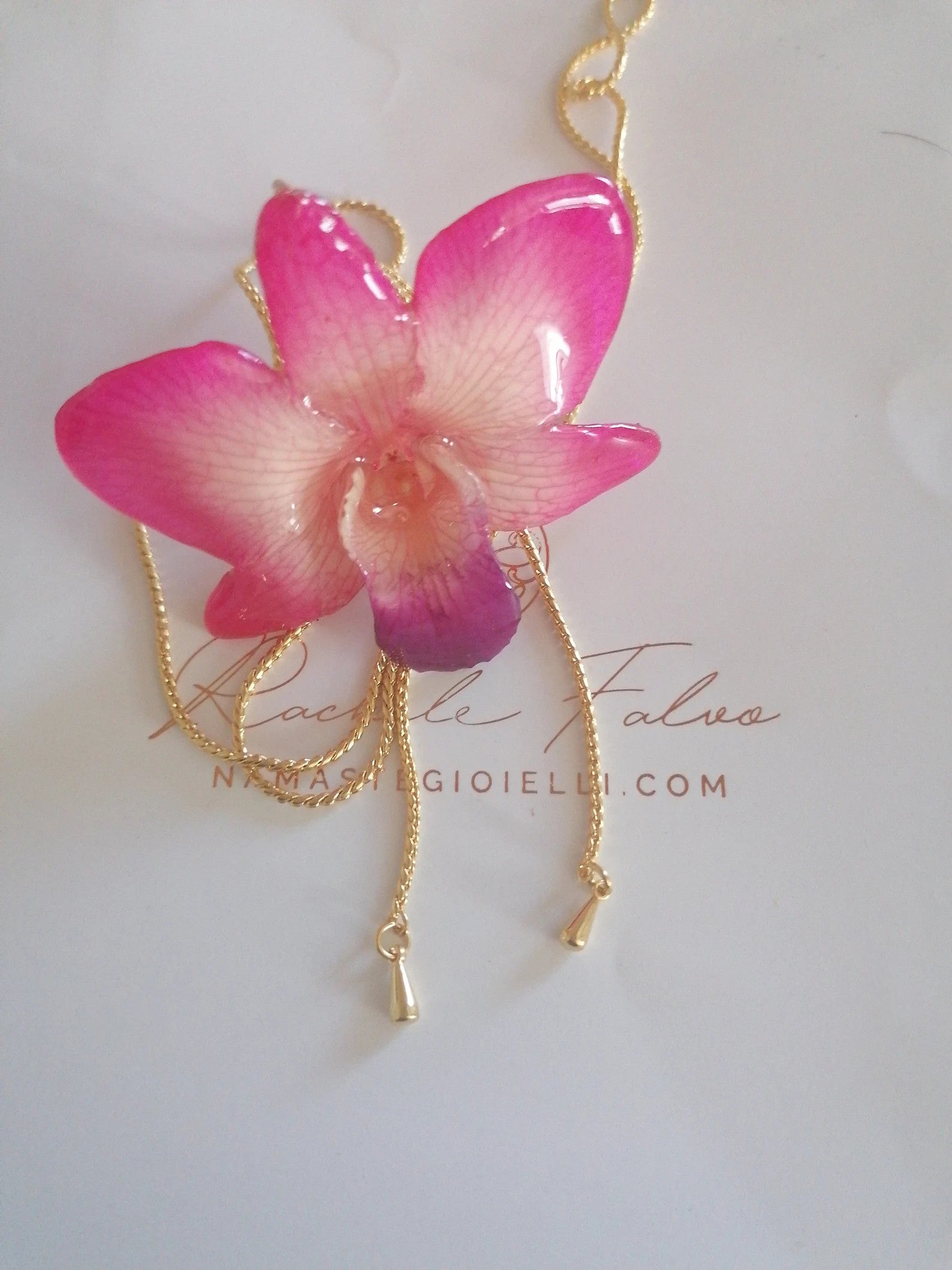 collana orchidea rosa naturale resina saliscendi oro galvanico regolabile anallergica elegante