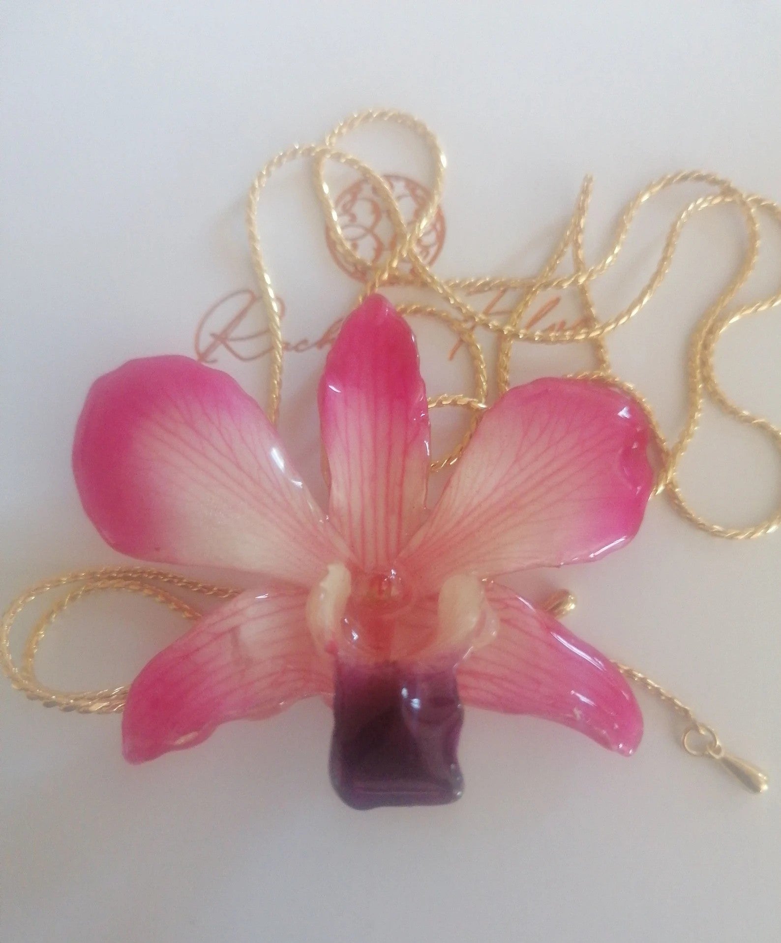 collana orchidea rosa naturale resina saliscendi oro galvanico regolabile anallergica elegante