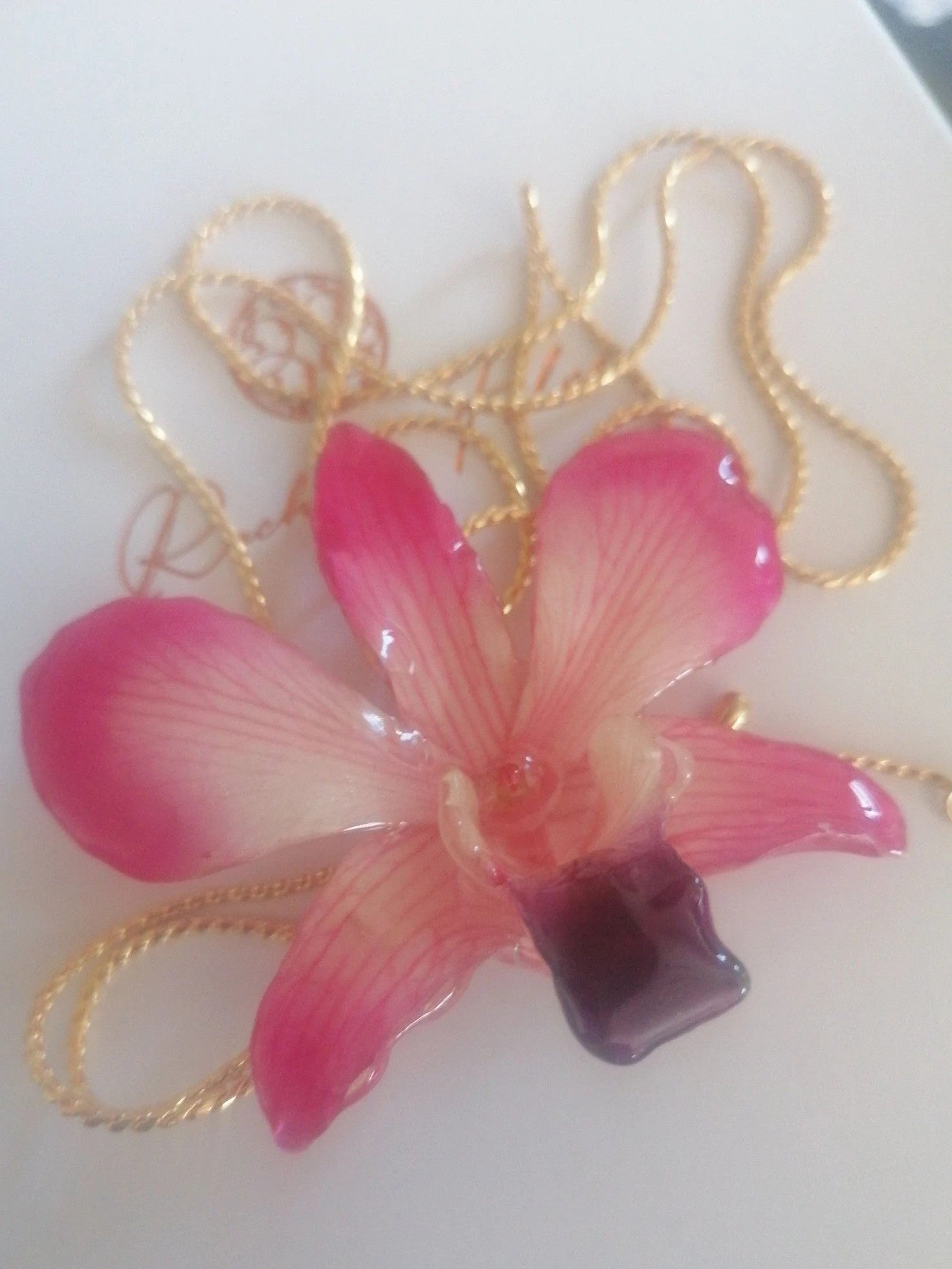 collana orchidea rosa naturale resina saliscendi oro galvanico regolabile anallergica elegante