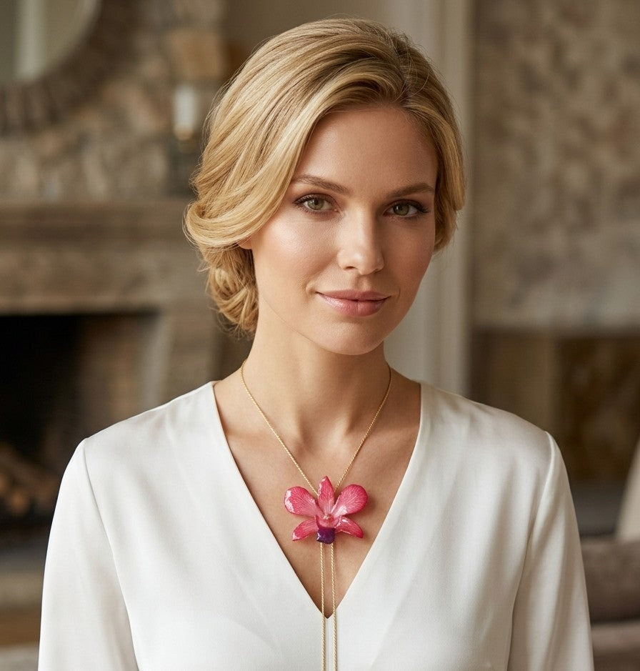 Collana con orchidea rossa aragosta in resina con saliscendi oro regolabile