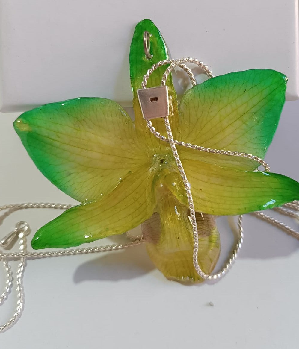 Ciondolo artigianale con vera orchidea gialla e verde racchiusa in resina trasparente che cattura la luce mostrando sfumature diverse, con catena saliscendi in argento su bronzo.