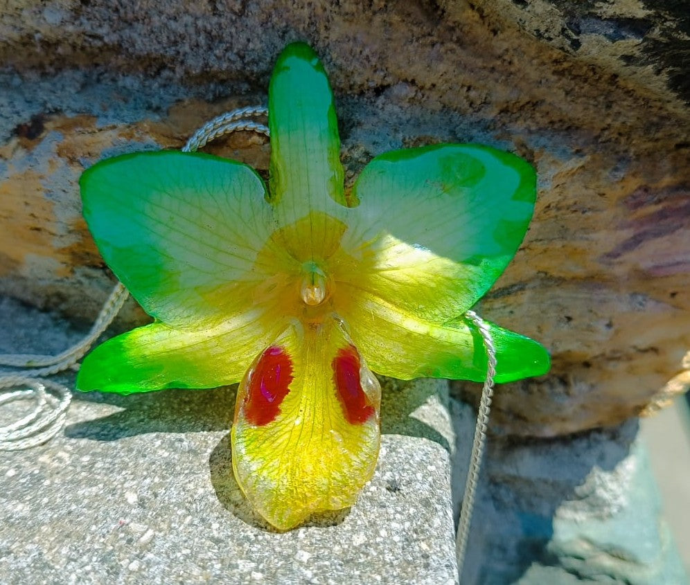 Ciondolo artigianale con vera orchidea gialla e verde racchiusa in resina trasparente che cattura la luce mostrando sfumature diverse, con catena saliscendi in argento su bronzo.