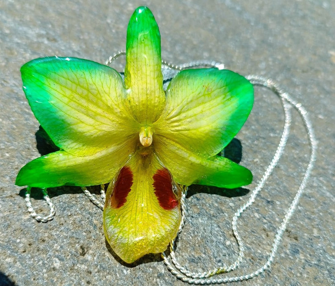 Collana con Orchidea Ibrida Verde e Gialla in Resina e Saliscendi argento su bronzo, Regolabile   – Gioiello Elegante con Garanzia