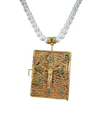 Collana artigianale Made in Italy con libro sacro, Cristo in rilievo e pietre turchesi naturali