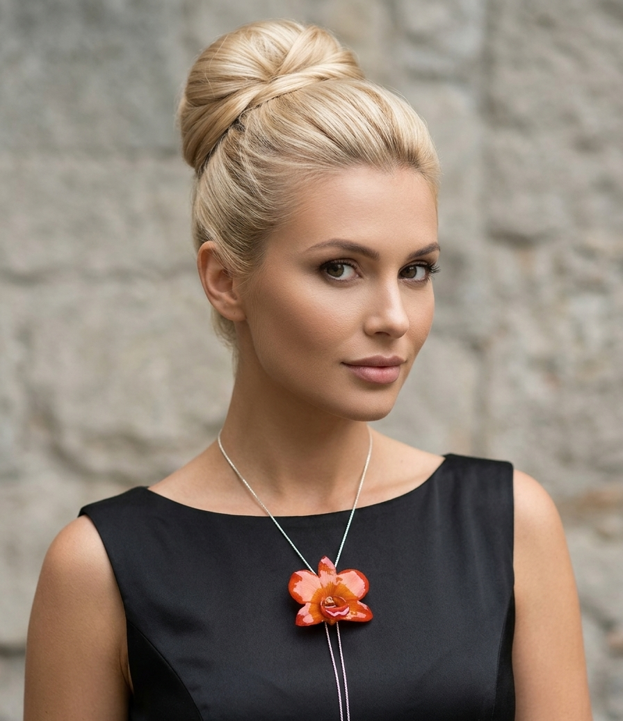 collana orchidea arancio naturale resina saliscendi argento regolabile elegante