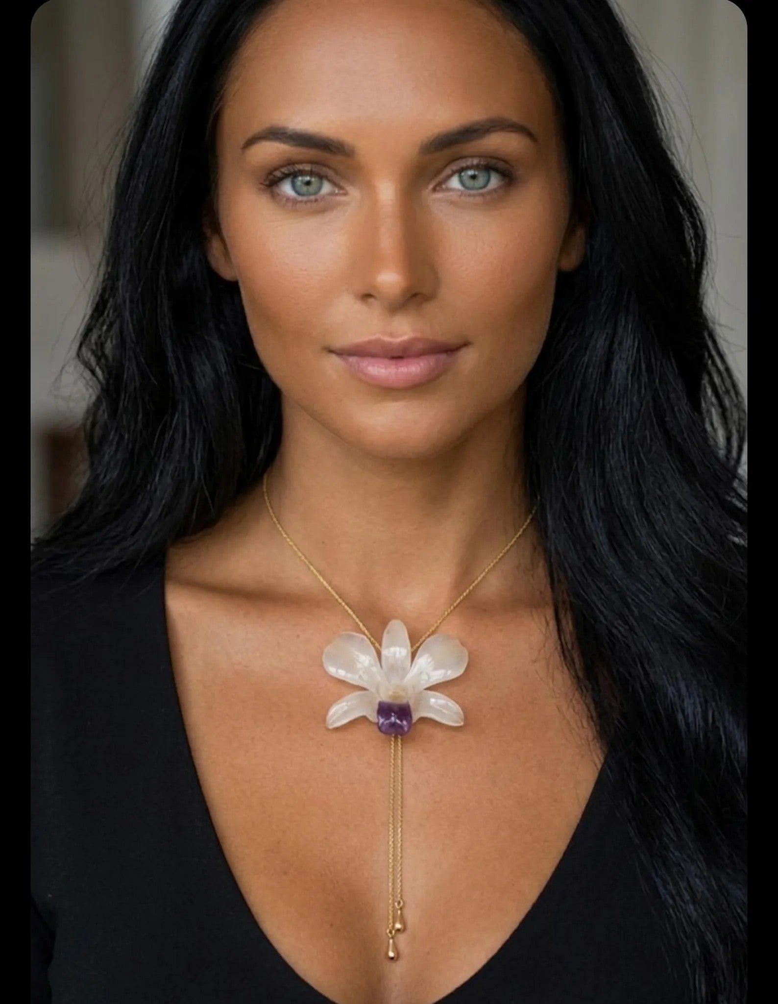 collana orchidea bianca naturale resina saliscendi oro regolabile elegante