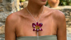 collana orchidea viola verde naturale resina saliscendi argento regolabile elegante