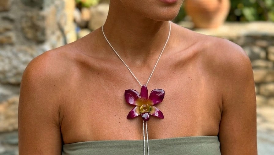 collana orchidea viola verde naturale resina saliscendi argento regolabile elegante