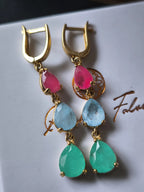 “Orecchini eleganti in argento 925 con galvanica oro 24k e acquamarine, rubini e smeraldi naturali sfaccettati a gradè”