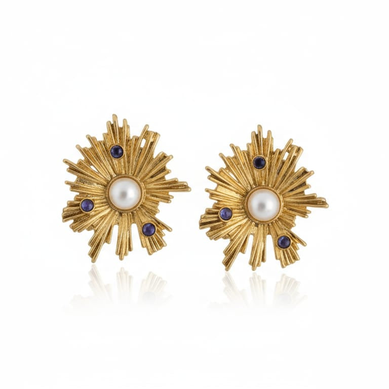 Orecchini da lobo Sole Etrusco in oro su bronzo con perle e ametiste naturali – Gioielli artigianali Made in Italy