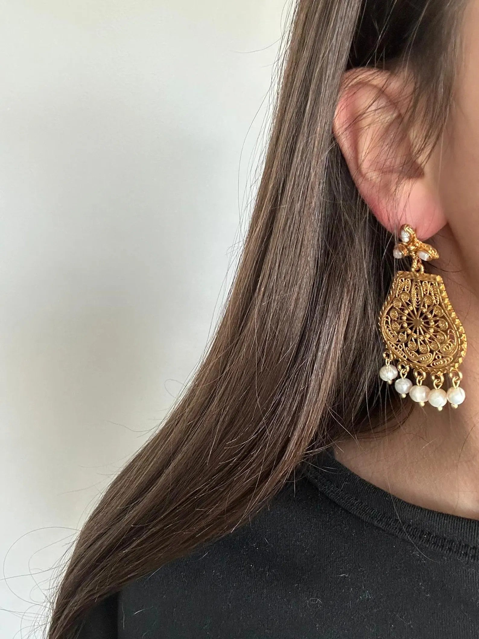 Orecchini Donna in Filigrana con Perle Naturali Bianche – Artigianali 6 cm
