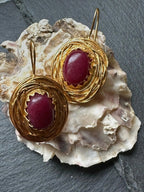 Orecchini stile etrusco in oro su bronzo con diaspri rossi Imperiali naturali e ganci in argento