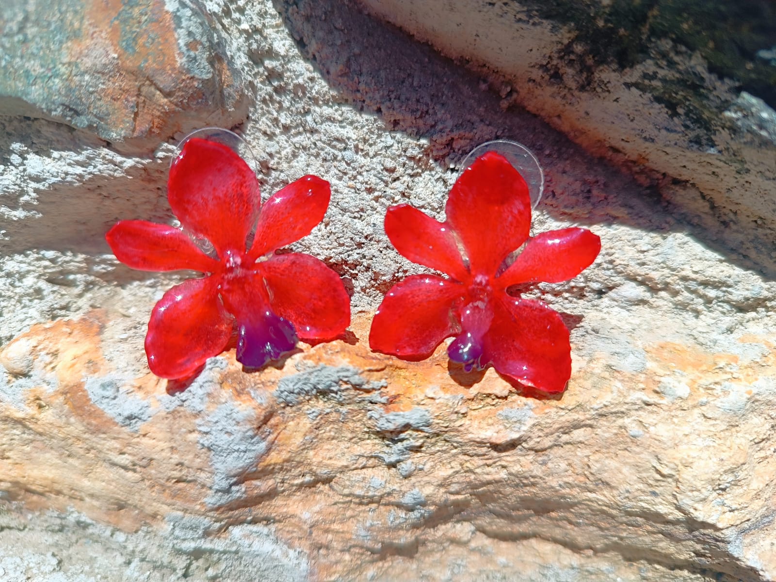 Coppia di piccoli orecchini artigianali al lobo a forma di orchidea vera di colore rosso intenso con sfumature viola al centro, inglobati in resina lucida