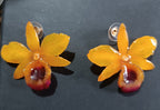 orecchini artigianali al lobo realizzati con intere orchidee vere in resina lucida, una variante  giallo ocra con sfumature viola, disposte sulla loro scatola regalo bianca firmata Rachele Falvo.