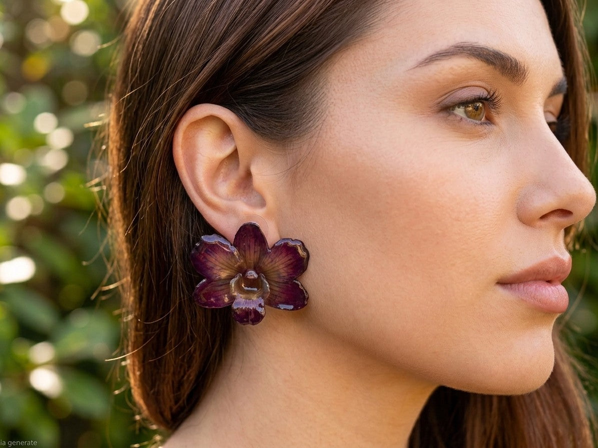 Purple and Turquoise Orchid Resin Earrings with Silver Hooks – Lobe