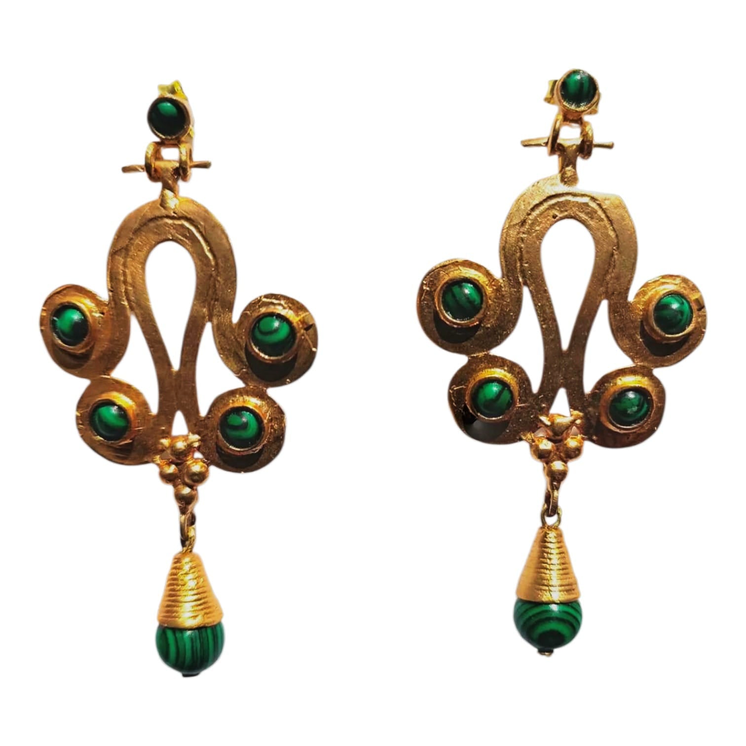 Orecchini stile etrusco in oro su bronzo con malachite verde naturale