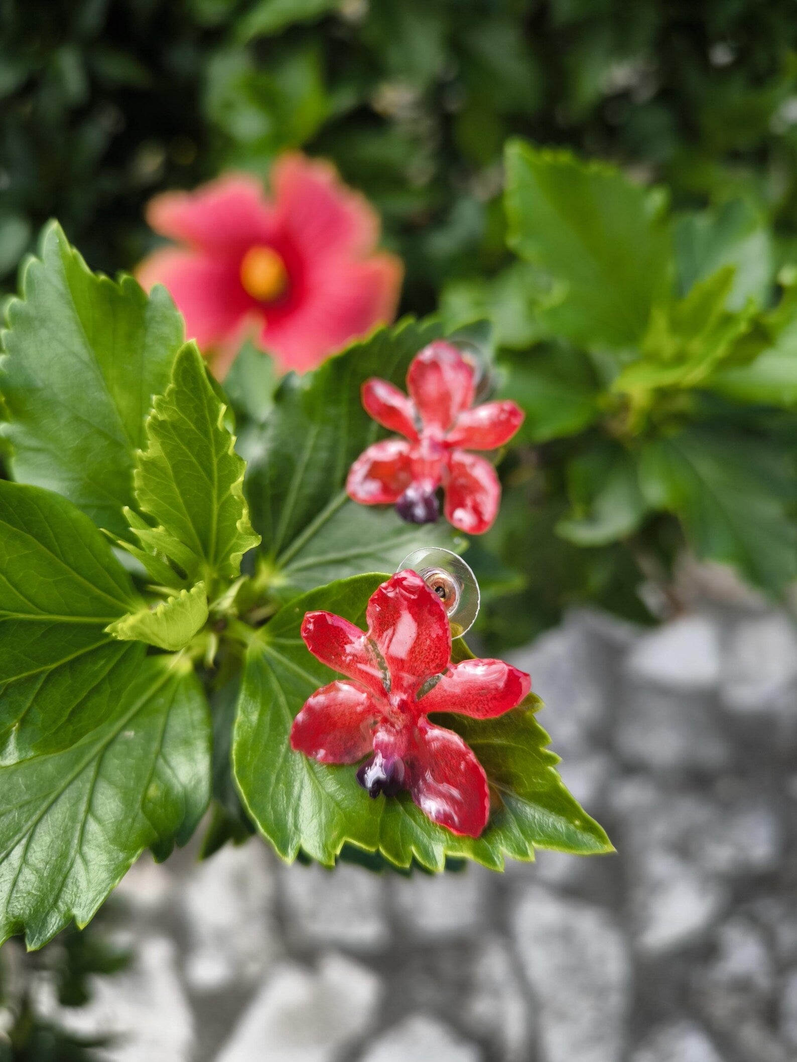 Orecchini con orchidee rosse naturali in resina e ganci in argento anallergici nickel free