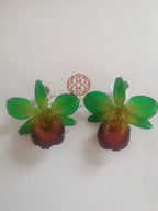 Orecchini con piccole orchidee naturali verdi con bocca viola in resina e ganci in argento