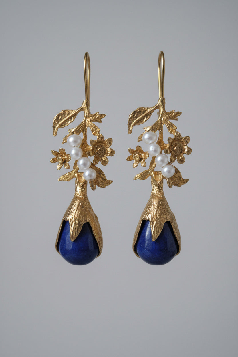 Orecchini eleganti oro opaco con perle bianche e lapislazzuli blu nichel free