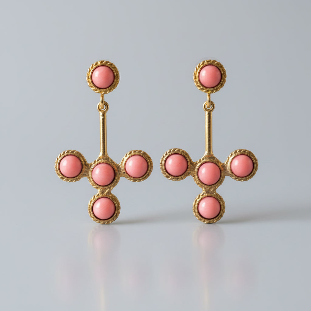 Orecchini in oro opaco placcato con coralli rosa naturali taglio semi tondo