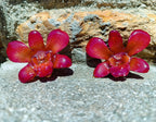 orecchini artigianali Rachele Falvo con un'intera orchidea vera rossa in resina lucida e gancio in argento