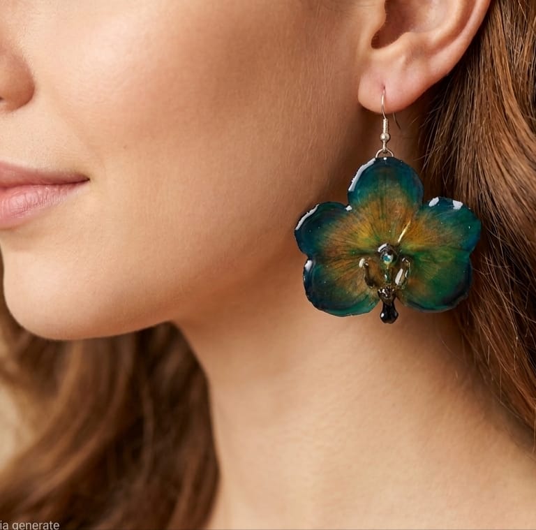 Boucles d'oreilles Orchidées Vanda Vertes et Jaunes en Résine avec Crochets en Argent
