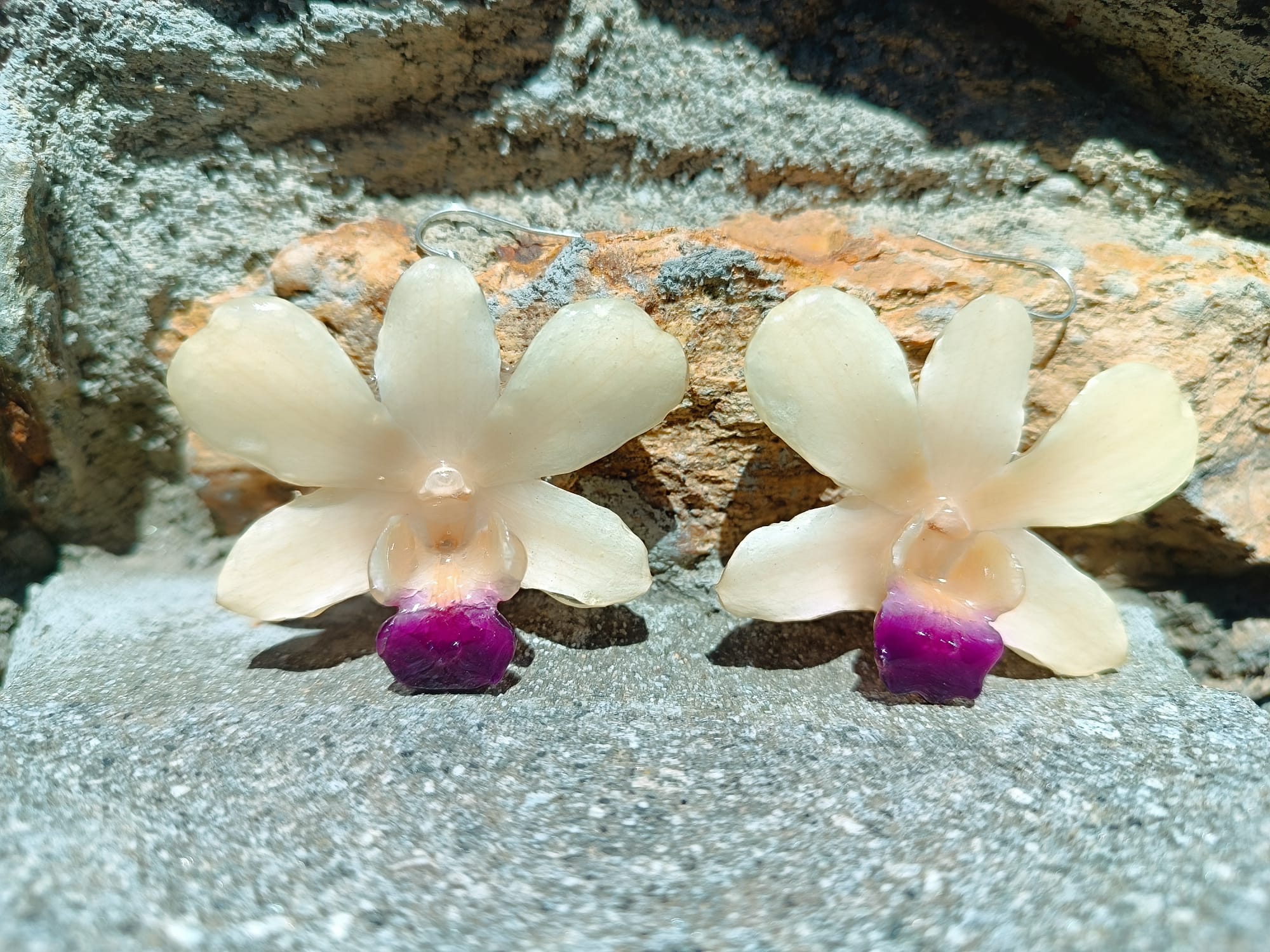 Coppia di orecchini pendenti realizzati artigianalmente con vere orchidee bianche Dendrobium racchiuse in resina trasparente lucida con ganci in argento, presentati accanto alla loro scatola regalo.