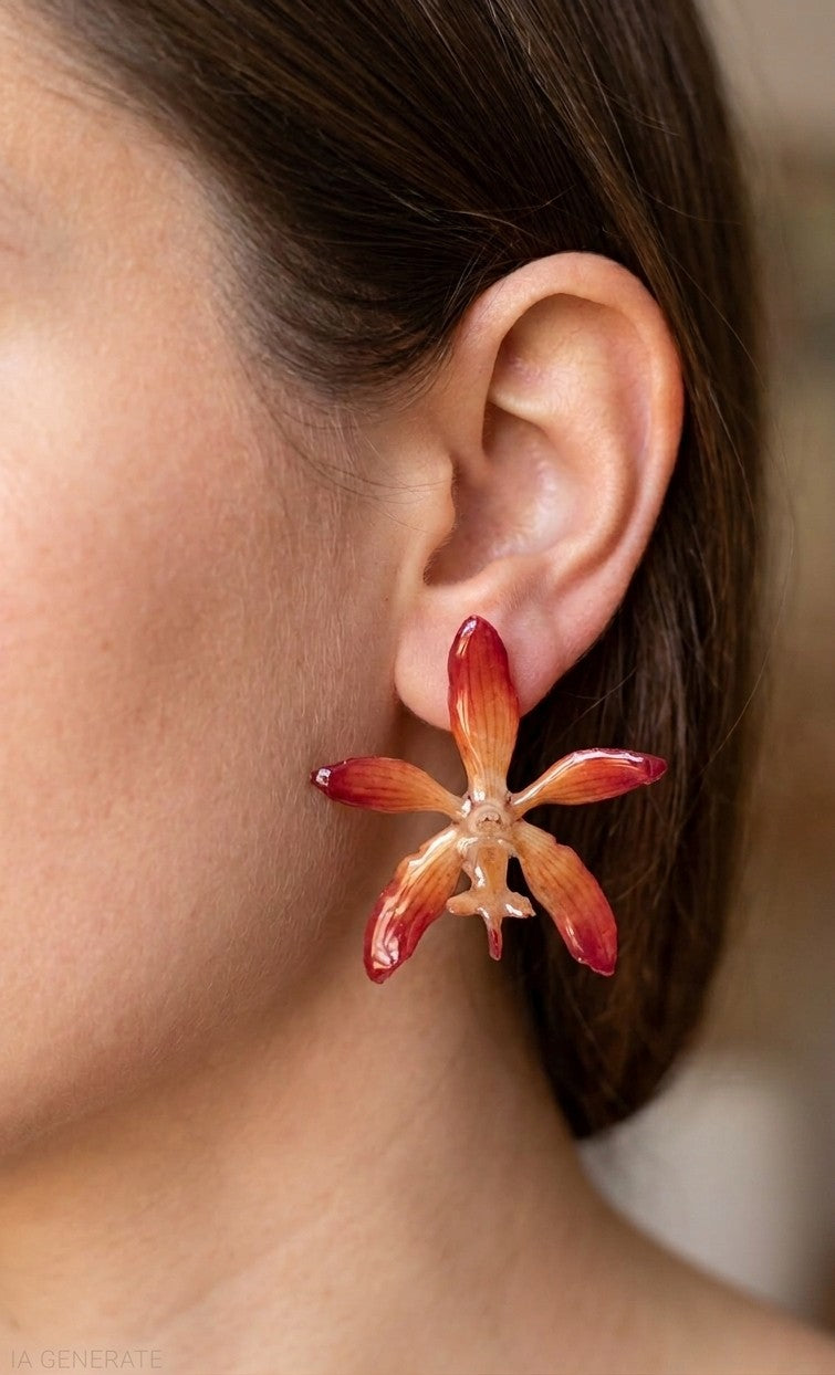 orecchini a perno artigianali Rachele Falvo realizzati con intere orchidee vere arancioni e panna in resina lucida