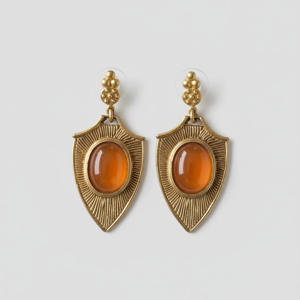 Orecchini stile antico in oro su bronzo con quarzi arancio naturali taglio cabochon
