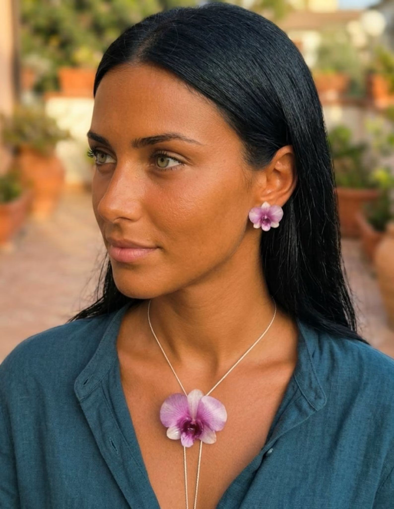 parure orchidea dendrobium resina collana orecchini argento galvanizzato regolabile elegante