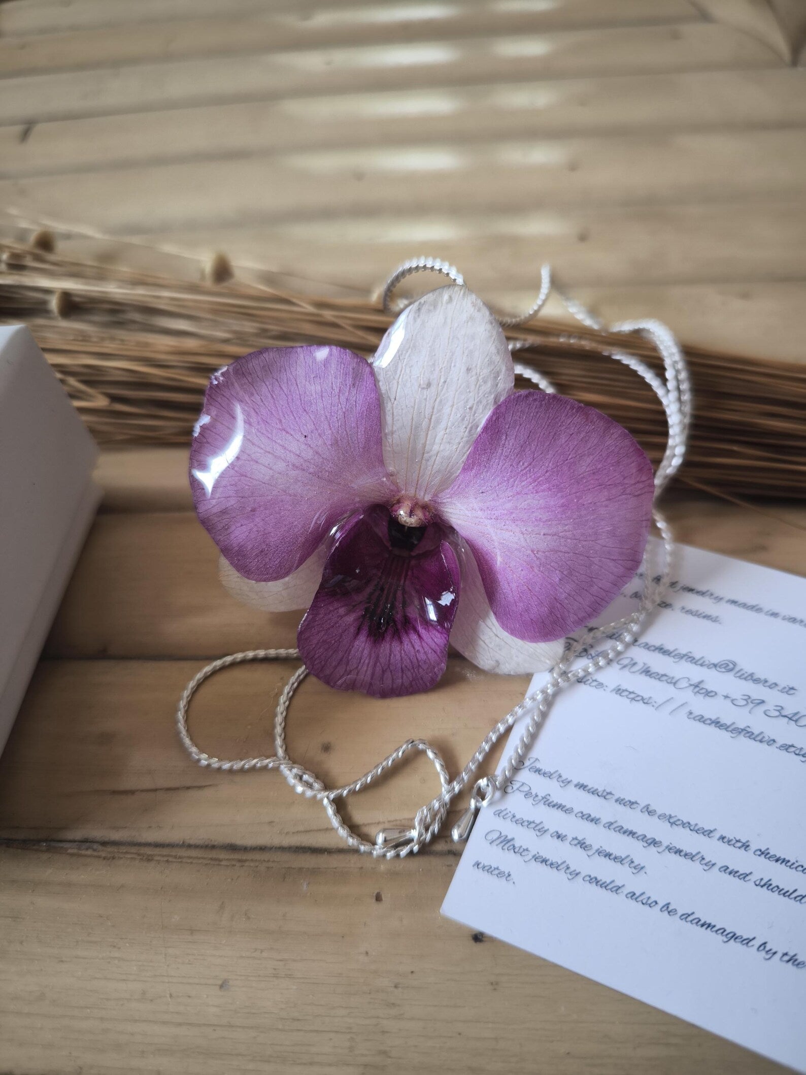 parure orchidea dendrobium resina collana orecchini argento galvanizzato regolabile elegante