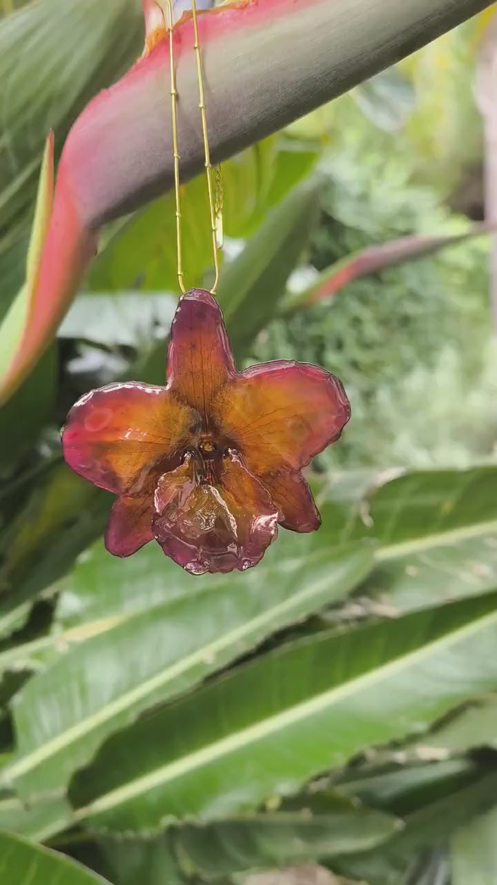 Collana Orchidea Vera Arancio e Marrone, Pendente Fiore Naturale in Resina, Catenina Acciaio Oro Inalterabile, Gioiello Botanico Resistente all'Acqua