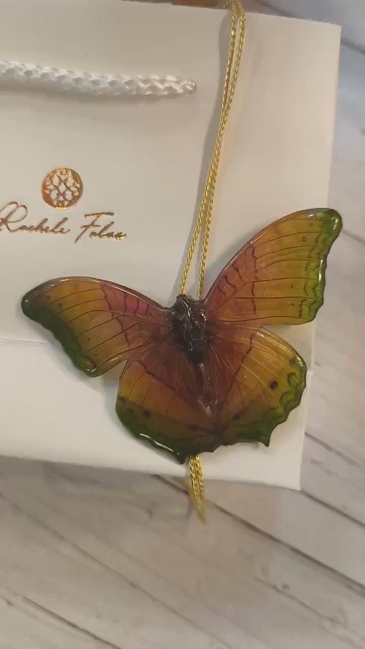Collana saliscendi con vera farfalla in resina e finitura in oro su bronzo