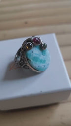 Anello in argento con larimar 20 carati, tormaline naturali e ambra gialla