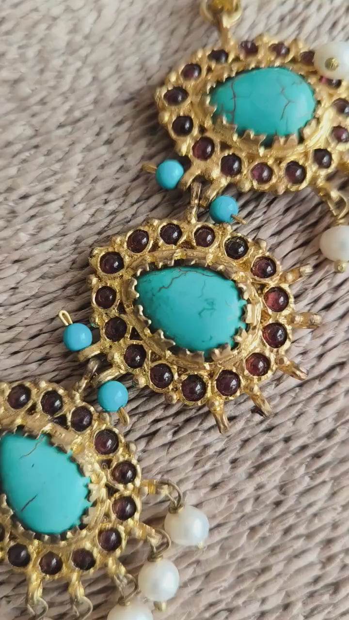 Collana etrusca bizantina in oro su bronzo con turchesi perle e quarzi brown
