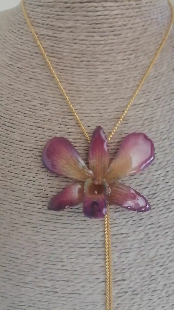 collana orchidea dendrobium multicolor viola turchese gialla resina saliscendi oro