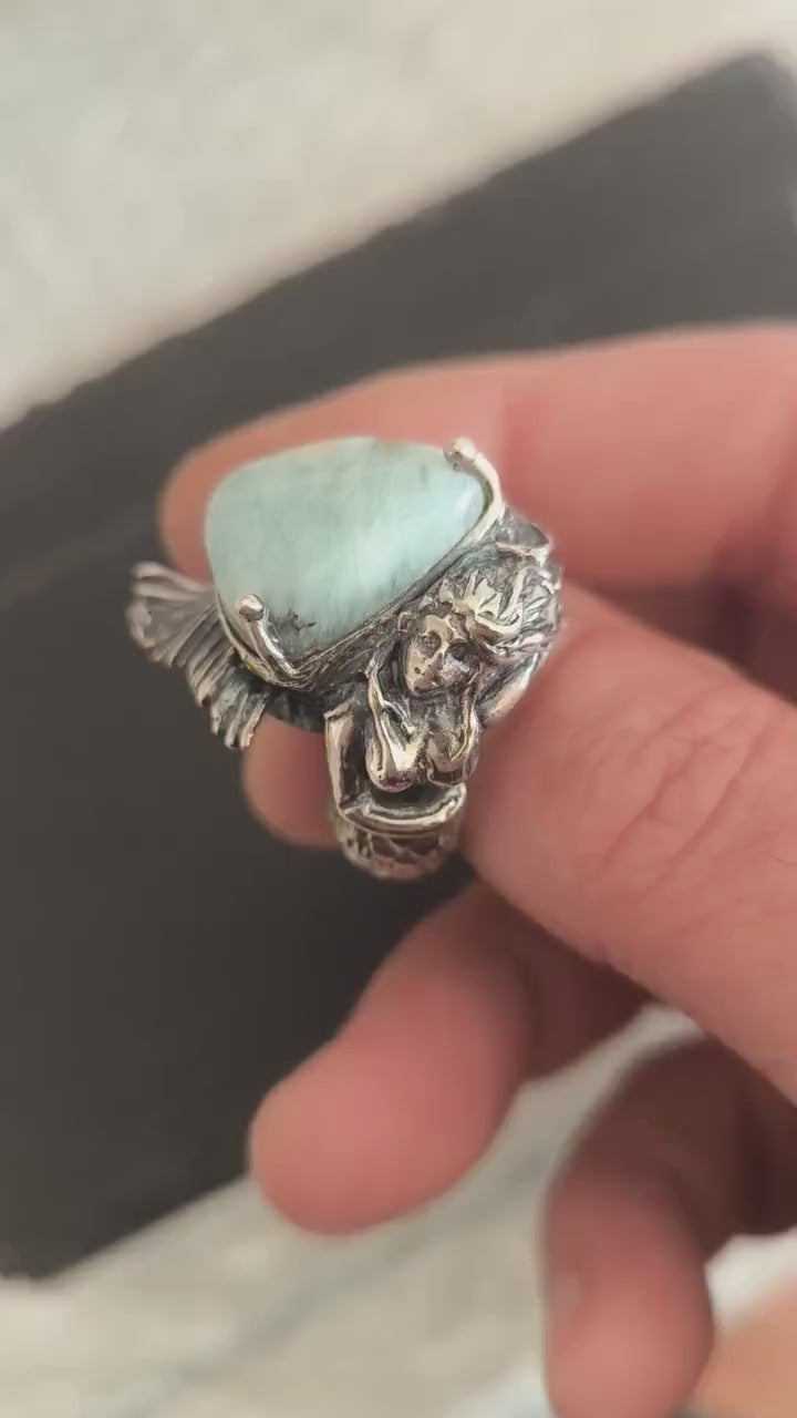 Anello sirena in argento artigianale con larimar grezzo naturale