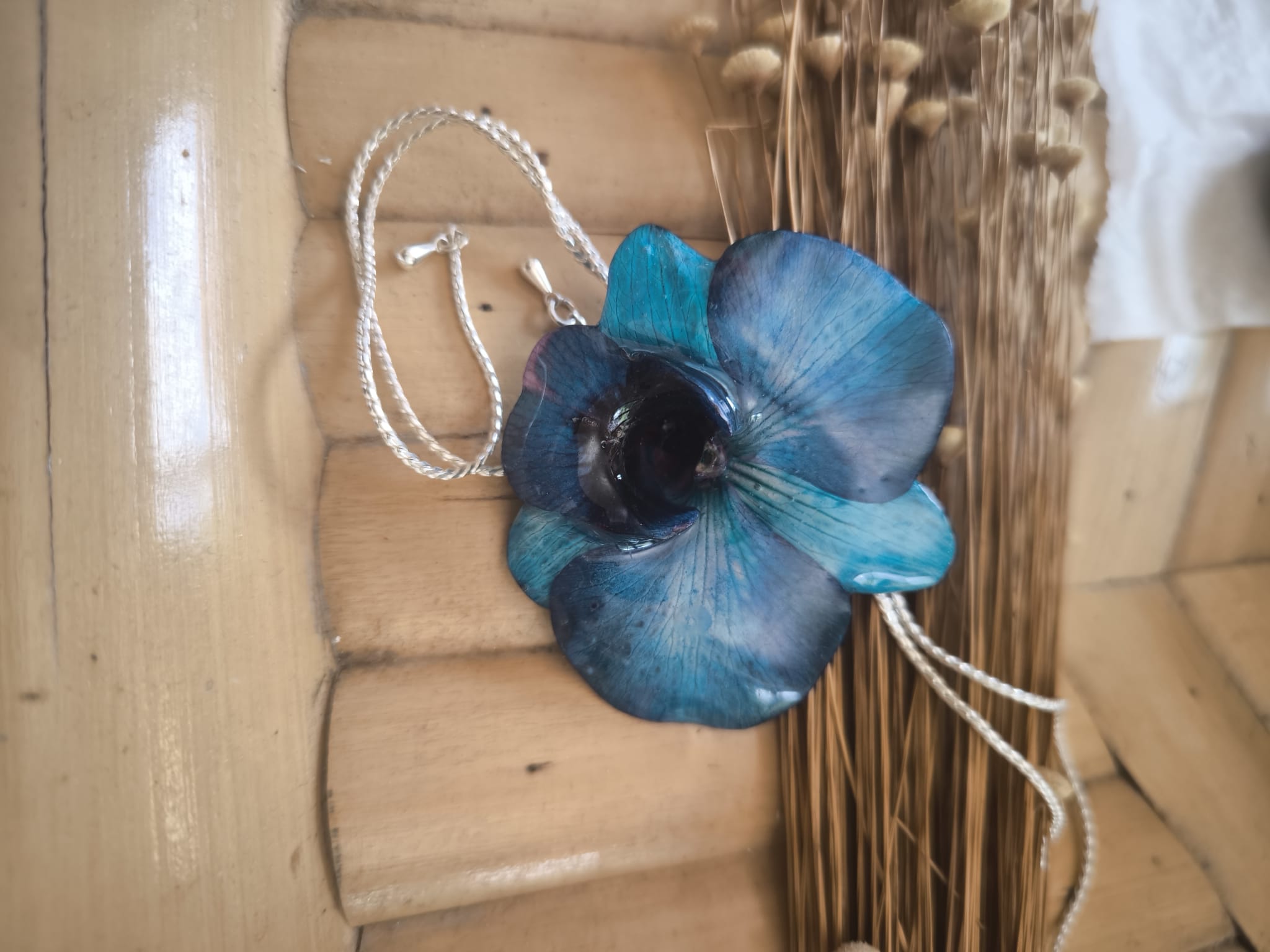 Blue Orchid Resin Necklace with Adjustable Galvanized Gold Slider – Elegant Jewel