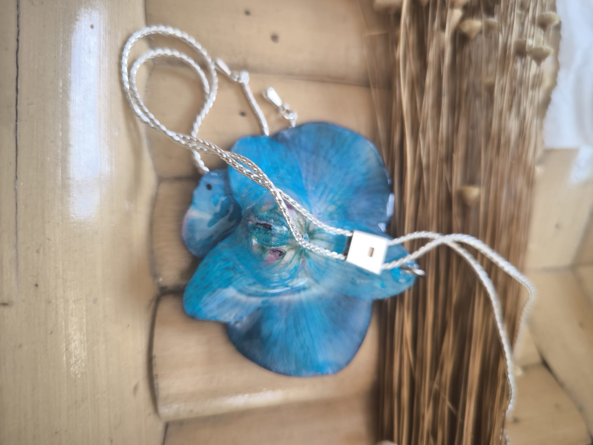 Blue Orchid Resin Necklace with Adjustable Galvanized Gold Slider – Elegant Jewel
