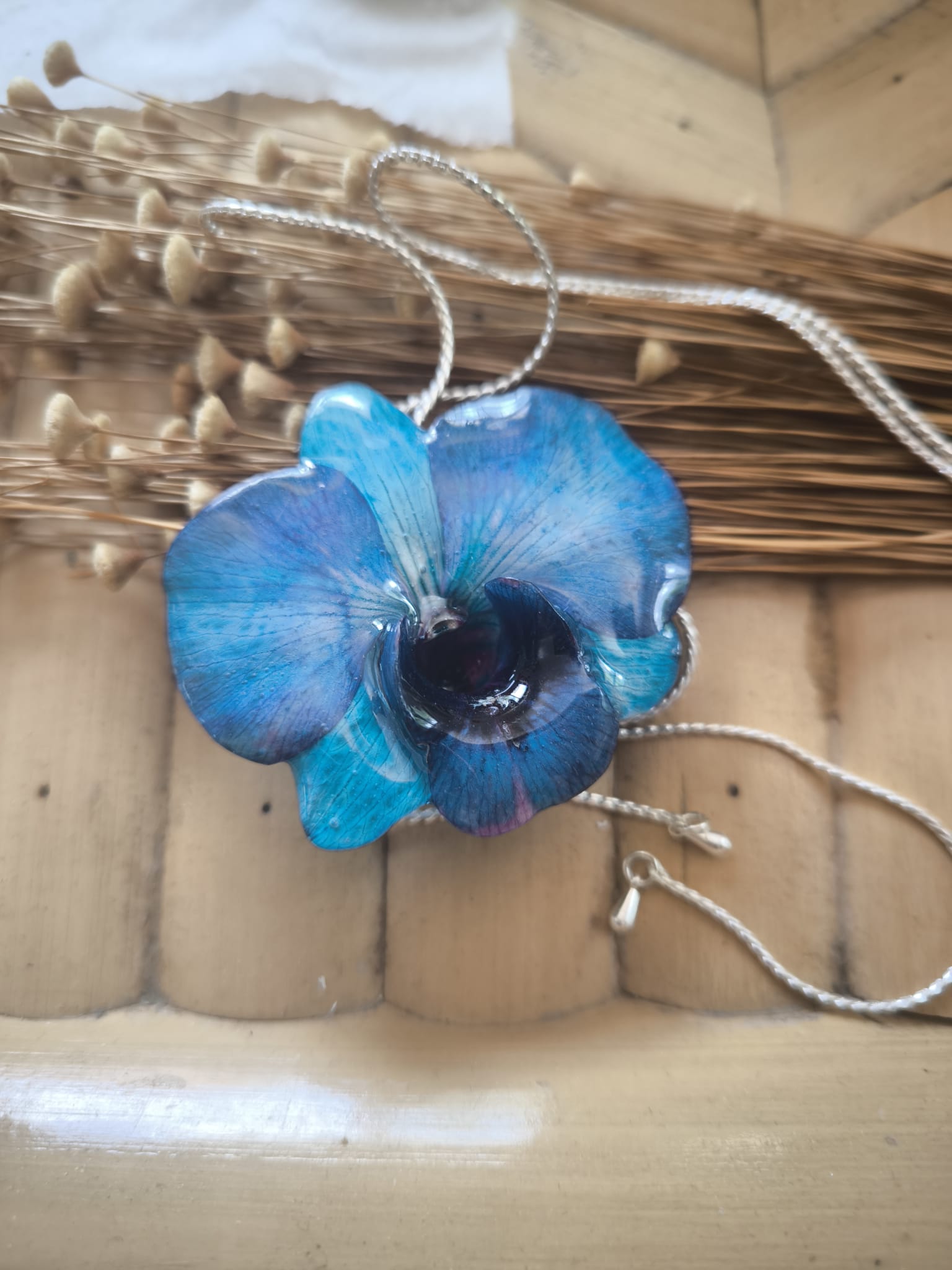 Blue Orchid Resin Necklace with Adjustable Galvanized Gold Slider – Elegant Jewel