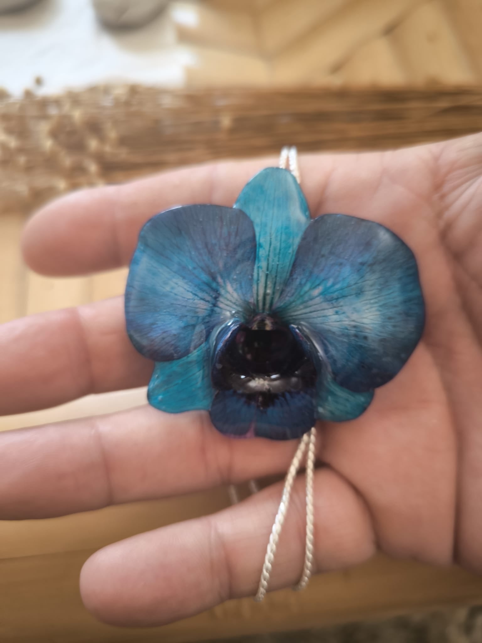 Blue Orchid Resin Necklace with Adjustable Galvanized Gold Slider – Elegant Jewel